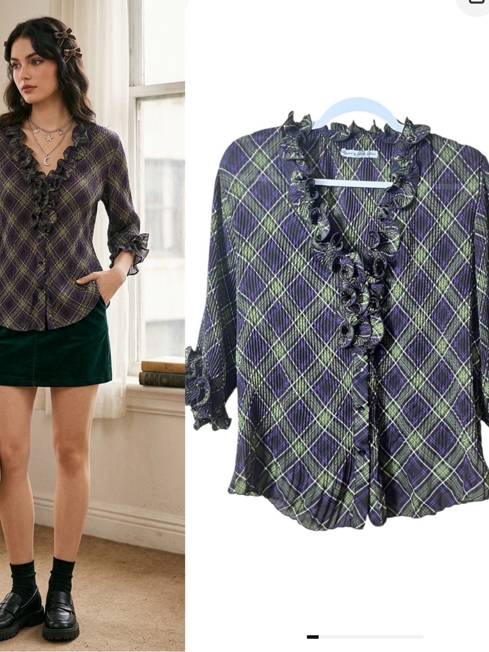 Signature by Larry Levine Plaid Ruffle Blouse M Pleated Whimsygoth Coquette